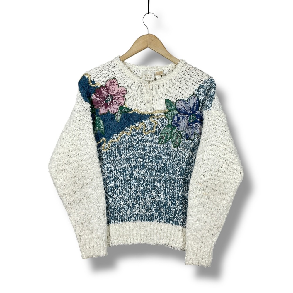 Vintage Needles & Yarn Knit Sweater Womens M Floral Applique Grandmacore Novelty